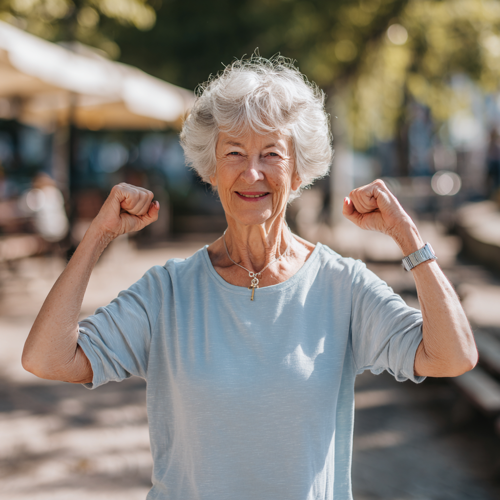 Confident elderly European man in fitness attire smiling while holding dumbbells in a modern gym setting