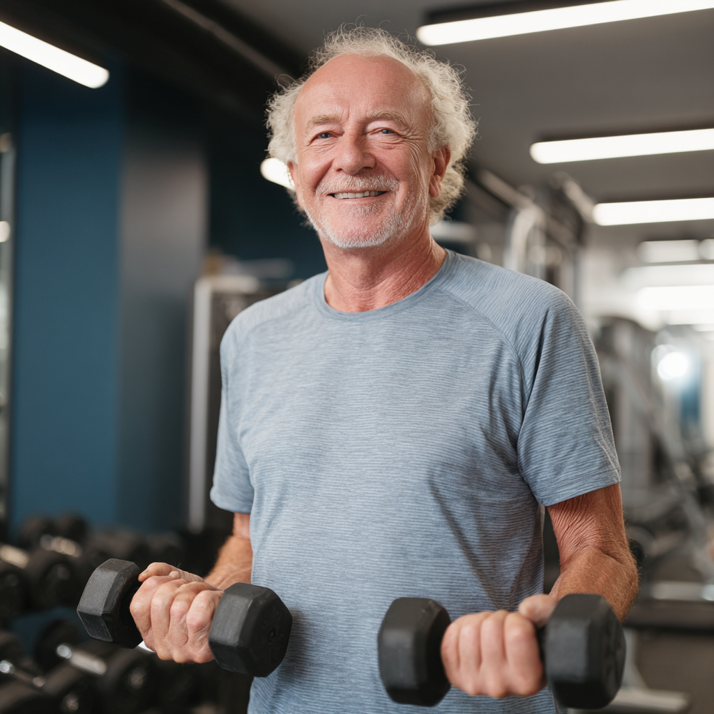 Happy elderly European woman doing resistance training with elastic bands in a bright fitness studio